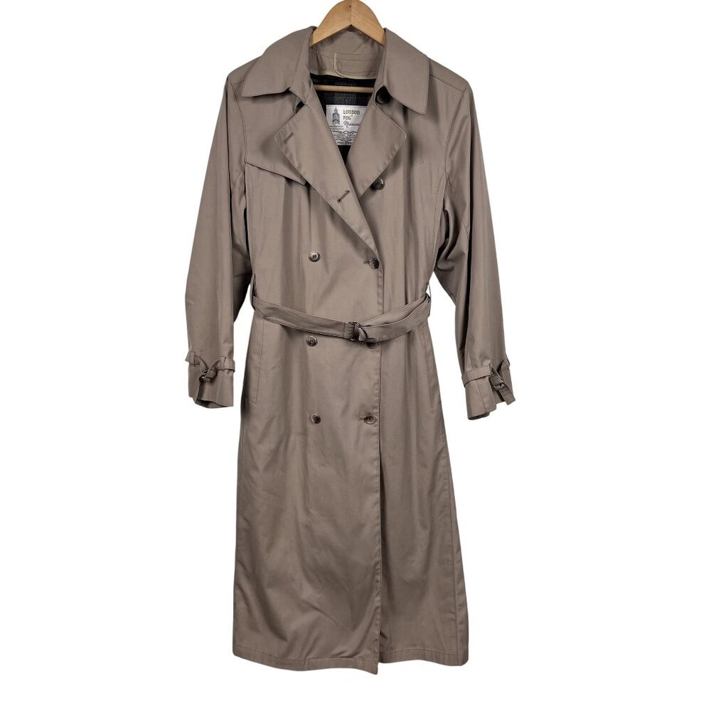 VTG London Fog Maincoats Trench Coat Womens Large Tan Double Breasted Lined USA